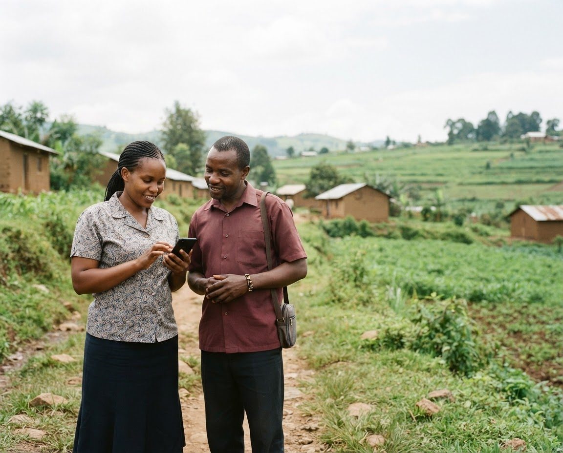 Two field reporters reviewing a report on a phone
